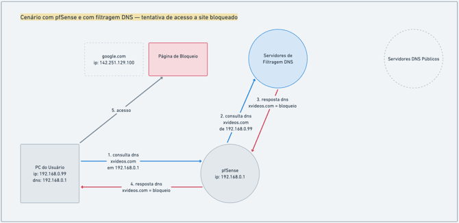 cenário com pfsense e com filtragem dns - tentativa de acesso a site bloqueado